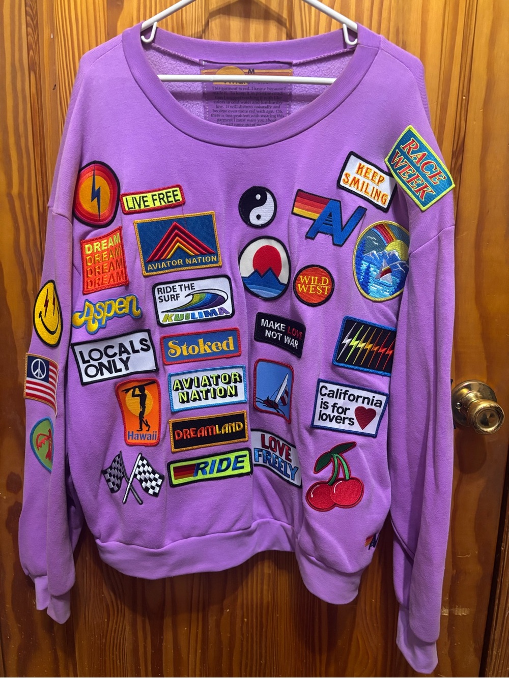 Aviator Nation Lavender Scoop Neck Sweatshirt with Multicolor Patches